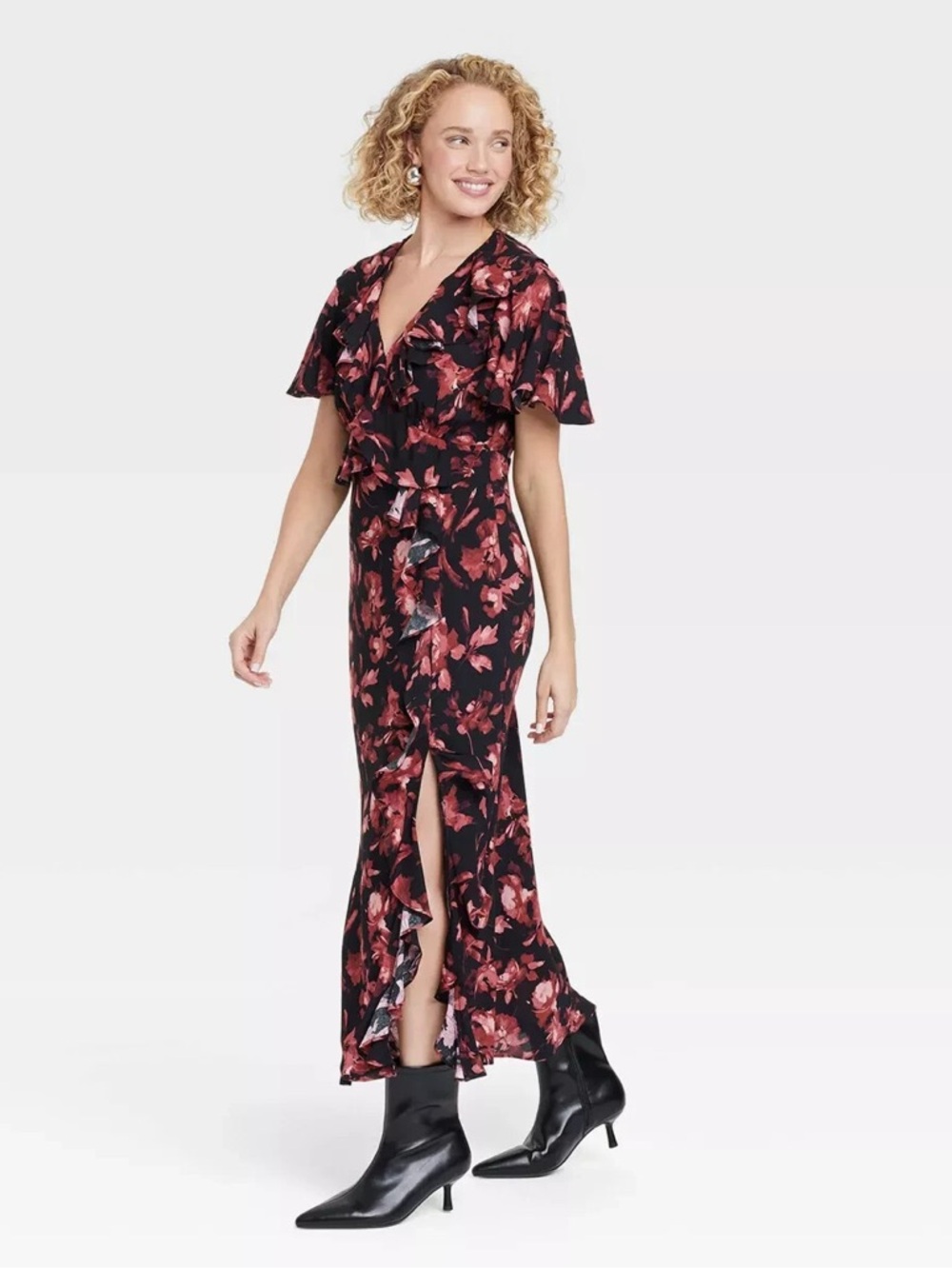 NWOT Ruffle Flounce Short Sleeve Maxi Dress - A New Day Black/Red Size Medium